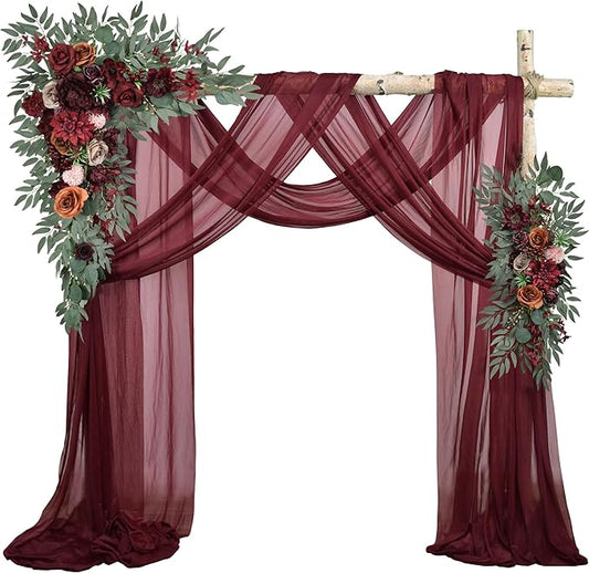 Ting's time Artificial Wedding Arch Flowers Kit(Pack of 4) 2pcs Large Blush Artificial Flower Swags with 2pcs Draping Fabric for Wedding Party Ceremony Decoration(Burgundy)