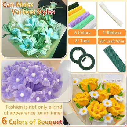 400 Pcs Pipe Cleaners Craft,6 Assorted Colors Pipe Cleaners Bulk, Chenille Stems for DIY Flower Making Kit with Floral Wires, Gardening Tape,Stamen& Ribbon (Yellow)