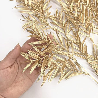 Artificial Gold Plants for Christmas Decoration, Fake Golden Leaves Simulation Bamboo Leaf Faux Reed Plant Bushes Indoor Outdoor Xmas Party Wedding Table Centerpiece DIY Decor -Tall 30 Inch 2 Pack