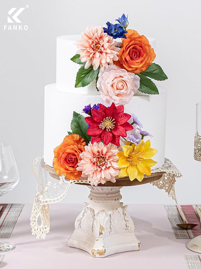 FANKO Artificial Flowers Mixed Rainbow Combo, Fake Silk Rose Flowers Orange & Champagne Roses, Pink Dahlia for DIY Wedding Bridal Bouquets/Centerpieces/Home