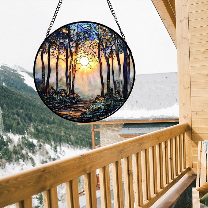 Stained Glass Window Hanging, Forest Sunrise Smoke Blue Brown Tree Suncatcher for Doors Window Home Landscape Sun Catchers Decor Mother's Day Birthday Gifts for Women, Men Mom 15 in