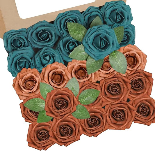 Artificial Flowers, 25pcs Artificial Rose for DIY Wedding Bouquets Centerpieces Arrangements,Shades of Terracotta and Dark Teal Foam Roses with Stem for Party Home Decorations