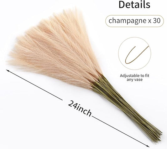 Faux Champagne Pampas Grass - 30pcs 24 Inch Boho Home Decor, Artificial pompas Floral for Table Centerpieces, Farmhouse and Baby Shower Decorations (Champagne, 30 Pieces)