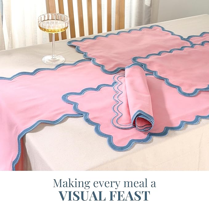 Folkulture Placemats Set of 4 | (13 x 19) 100% Cotton Rustic Place Mats | Heat Resistant Woven Table Mats for Dining Table Decor | Boho Placemats or Scalloped Placemats (Blush)