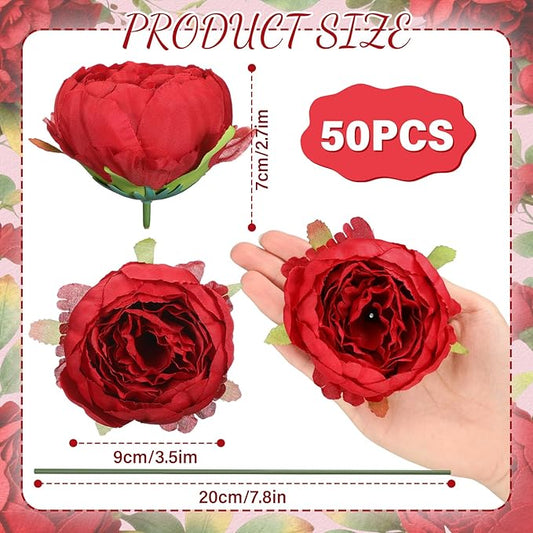50 Pcs Artificial Peony Flower Bulk 3.5 Inch Silk Peony Flowers Heads with Stems Realistic Fake Roses for DIY Wedding Party Craft Bridal Bouquets Table Centerpieces Vase Home Decor(Red)