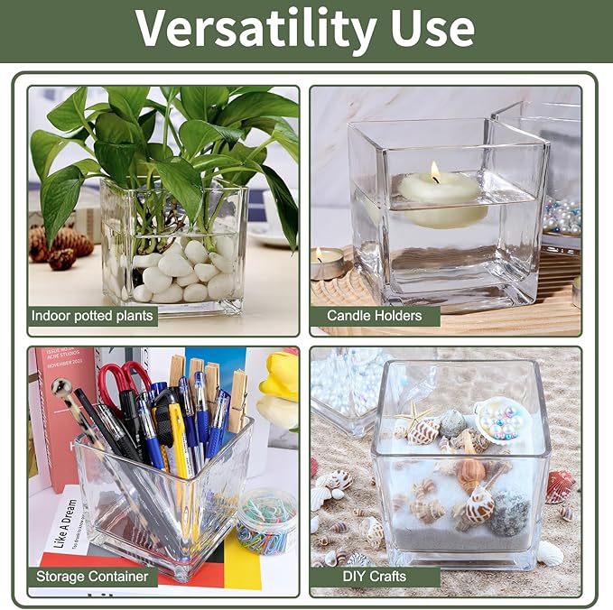 6 Pack Square Glass Vases 5 x 5 x 5 Inch, Clear Cube Flower Vases for Centerpieces, Candle Holders for Wedding Party Home Decor