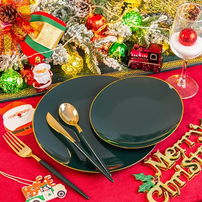 Liacere 150PCS Green Plastic Plates - Gold Plastic Silverware with Green Handle - Heavy Duty Fancy Plastic Plates Disposable Include 30 Guests Plates, Forks, Spoons, Knives for wedding＆Christmas