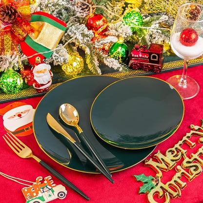 Liacere 150PCS Green Plastic Plates - Gold Plastic Silverware with Green Handle - Heavy Duty Fancy Plastic Plates Disposable Include 30 Guests Plates, Forks, Spoons, Knives for wedding＆Christmas