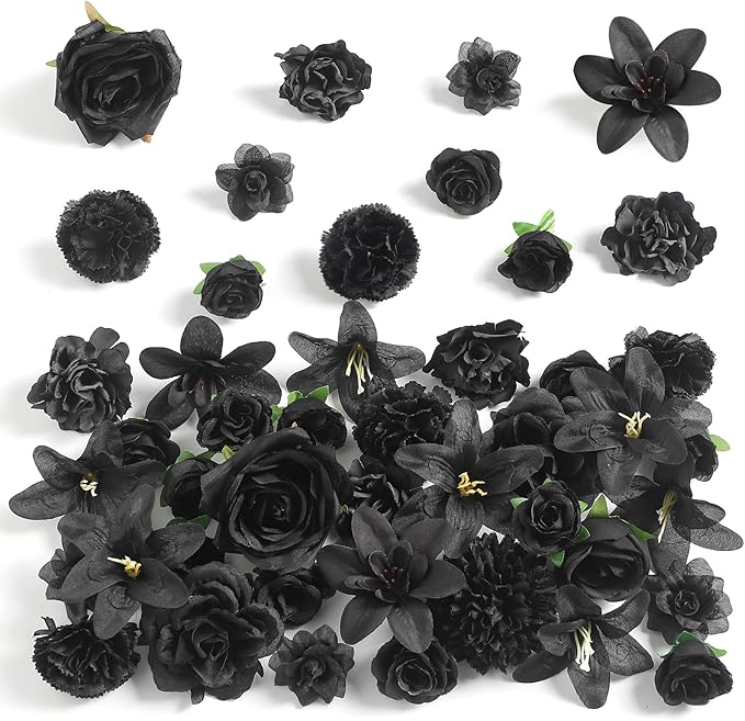 Fake Flower Heads for Crafts - Black Silk Artificial Roses, Peonies, Daisies & Floral Heads (48-Pack) for Wedding Decor, Graduation Caps, Baby Showers, Halloween Decor, and Home Decoration