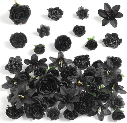 Fake Flower Heads for Crafts - Black Silk Artificial Roses, Peonies, Daisies & Floral Heads (48-Pack) for Wedding Decor, Graduation Caps, Baby Showers, Halloween Decor, and Home Decoration