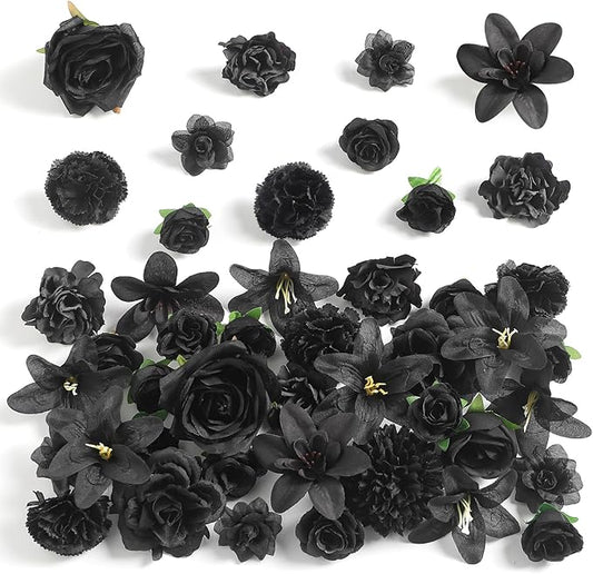 Fake Flower Heads for Crafts - Black Silk Artificial Roses, Peonies, Daisies & Floral Heads (48-Pack) for Wedding Decor, Graduation Caps, Baby Showers, Halloween Decor, and Home Decoration
