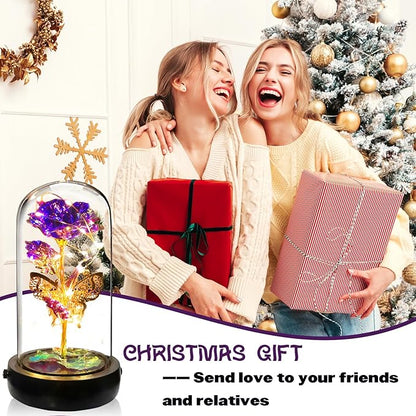 Birthday Rose Flower Gifts for Women, Mothers Day Glass Rose Gift for Mom from Daughter Son, Colorful Purple Rose in Glass Dome with Music Box, Light Up Rose in Dome for Her Wife Grandma