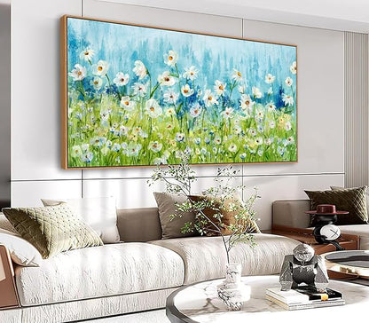 Framed Wall Art Wildflowers Canvas Pictures Living Room Wall Decor Abstract White Daisy Floral Prints Spring Landscape Painting Green Grass Artwork for Bedroom Kitchen Home Office Decor 20"x40"