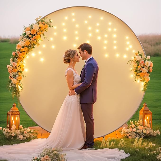7.2 FT White Round Backdrop Cover with Lights String for Circle Arch Stand Circle Backdrop Cover with LED Fairy Lights for Wedding Arch Baby Shower Birthday Party Photo Shoot Photography Background