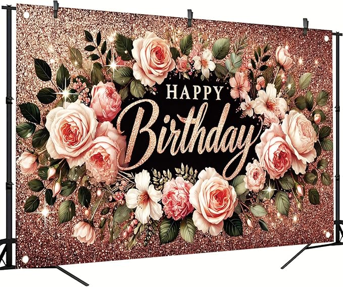 Happy Birthday Backdrop Banner Rose Gold Glitter Floral Photography Background for Women Girls Lady Wedding Baby Shower Birthday Supplies Photo Props Party Decorations Cake Table 6x4ft