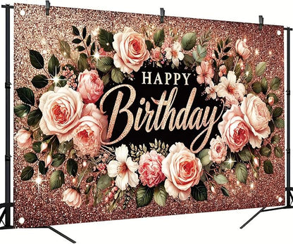 Happy Birthday Backdrop Banner Rose Gold Glitter Floral Photography Background for Women Girls Lady Wedding Baby Shower Birthday Supplies Photo Props Party Decorations Cake Table 6x4ft