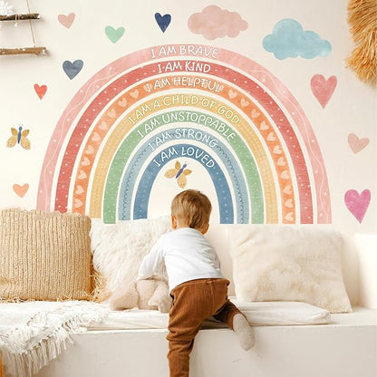 Large Rainbow Wall Stickers Kids Inspirational Wall Decal Peel and Stick Boho Rainbow Walls Decals for Baby Girls Bedroom Pastel I Am Motivational Art Mural for Nursery Playroom Decor 44.5"x73.4"