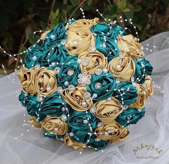 Bridal Wedding Bouquet Round Bling Brooch Bouquet Throw Toss Artificial Rose Flower Bunch for Bride Bridesmaid Wedding Quinceanera(Dark Green & Gold, 6.3")