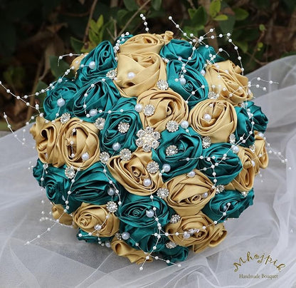 Bridal Wedding Bouquet Round Bling Brooch Bouquet Throw Toss Artificial Rose Flower Bunch for Bride Bridesmaid Wedding Quinceanera(Dark Green & Gold, 7.5")