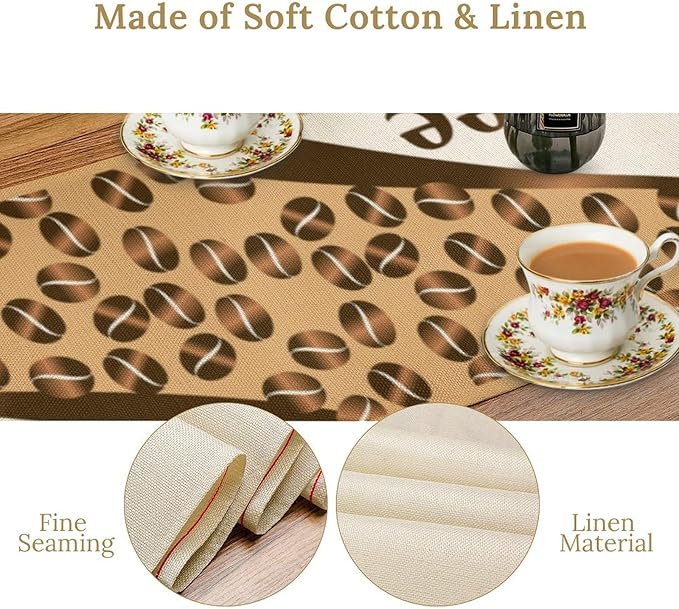 Vintage Coffee Table Runner Coffee Theme Beans Seasonal Dinner Runner for Retro Farmhouse Kitchen Dining Coffee Table Decoration Cabin Home Holiday Party 13x60in