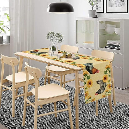 Rooster Sunflower Table Runner Vintage Farm Chicken Flower Dinner Runner for Country Farmhouse Home Kitchen Dinner Table Party Decoration 13x36in