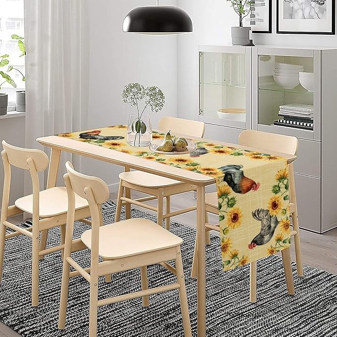 Rooster Sunflower Table Runner Vintage Farm Chicken Flower Dinner Runner for Country Farmhouse Home Kitchen Dinner Table Party Decoration 13x108in