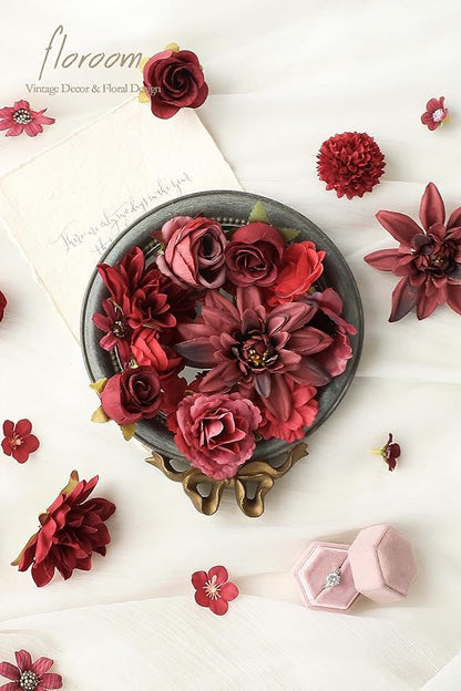 Floroom Mini Artificial Flower Heads Burgundy & Red Fake Peony Daisy Rose Multicolor Small Faux Silk Flower Heads for Cake Craft Garland Wedding Party Graduation Cap DIY Home Decoration, 0.8"-3.6"