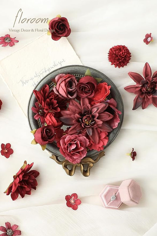 Floroom Mini Artificial Flower Heads Burgundy & Red Fake Peony Daisy Rose Multicolor Small Faux Silk Flower Heads for Cake Craft Garland Wedding Party Graduation Cap DIY Home Decoration, 0.8"-3.6"