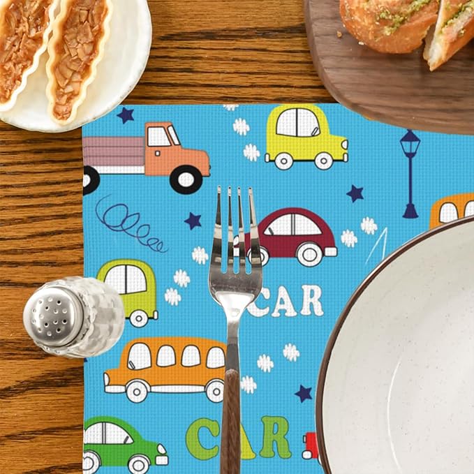 Placemats Set of 4 Retro Truck Bus and Car Place Mats Washable Table Dinner Mats Linen Table Mats for Kitchen Dining Party Home Kitchen Decor 12x18 Inch