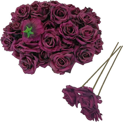 Artificial Satin Rose Flower Heads,48 Pcs Silk Rose Heads with Stems,3.3'' Rose Artificial Flowers Bulk,Artificial Rose Flower Heads for DIY Crafts Bouquet (48, Burgundy)
