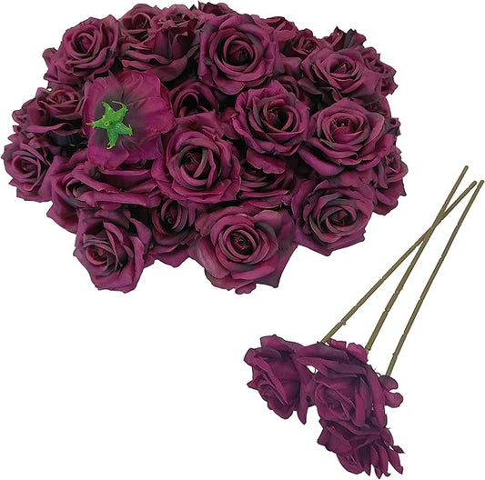 Artificial Satin Rose Flower Heads,48 Pcs Silk Rose Heads with Stems,3.3'' Rose Artificial Flowers Bulk,Artificial Rose Flower Heads for DIY Crafts Bouquet (48, Burgundy)