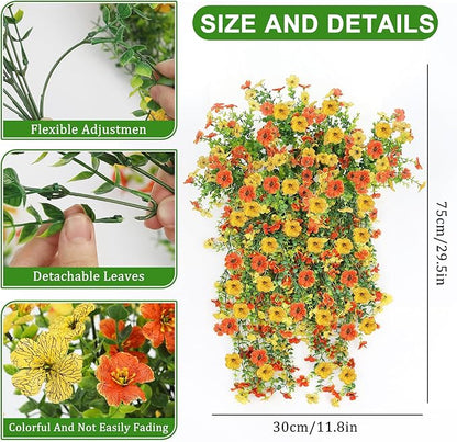 Artificial Flowers for Outdoors 6PCS，All Weather Fade Proof, UV Resistant Waterproof Realistic Faux Silk Mums Daisies Yellow & Orange for Hanging Planters Porch Patio Balcony Deck Fence Garden Decor