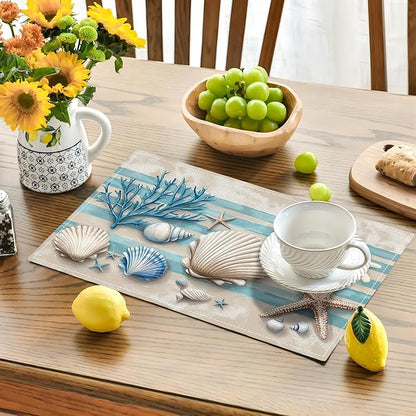 Summer Sea Shell Placemats Set of 6, Coastal Starfish Place Mats, Rustic Summer Ocean Dining Table Mats, Washable Placemats for Kitchen Dining Room 18L'' × 12W''