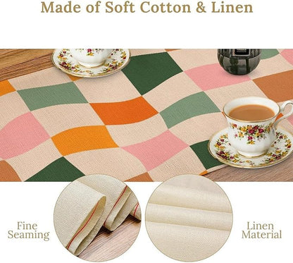 Hippie Table Runner, Vintage Geometric Square Orange Green Pink Grid 60s 70s Style Kitchen Dining Room Decor for Indoor Outdoor Wedding Party Table Runner 13x60 Inch