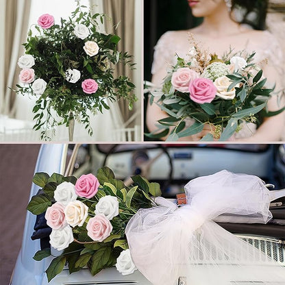200PCS Pink Artificial Flowers Roses Real Looking Foam Fake Roses with Leaves for DIY Wedding Bouquets Bridal Shower Party Decorations (Pink Series, 200)