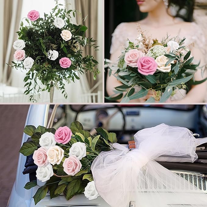 Artificial Flowers Pink Roses Real Looking Foam Fake Roses with Leaves and for DIY Wedding Bouquets Bridal Shower Centerpieces Party Decorations (Pink Series, 100)