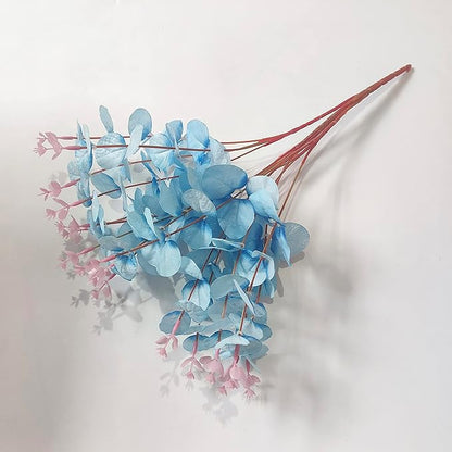19" Faux Flowers Artificial Silk Silver Dollar Eucalyptus Stems Fake Plant for Vase Home Wedding Decor 3 Pcs (Blue)