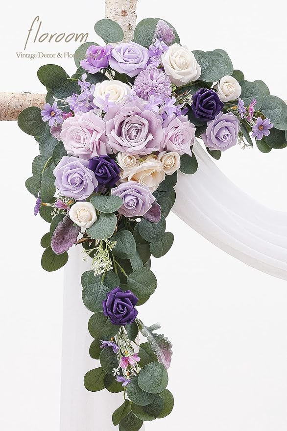 Floroom Arch Flowers with Drapes Kit (Pack of 4) - 2pcs Artificial Lilac Lavender Purple Floral Swag Arrangement with 2pcs Draping Fabric for Wedding Ceremony Arbor and Reception Backdrop Decoration