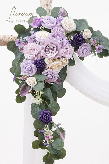 Floroom Arch Flowers with Drapes Kit (Pack of 4) - 2pcs Artificial Lilac Lavender Purple Floral Swag Arrangement with 2pcs Draping Fabric for Wedding Ceremony Arbor and Reception Backdrop Decoration