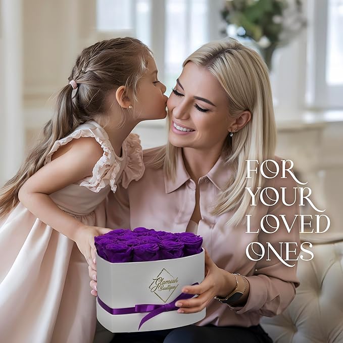 GLAMOUR BOUTIQUE Preserved Roses in a Box - Gifts for Her, Wife & Mom, Rose Flowers Forever Decor for Birthday Gift, Get Well Flower Bouquet Cased in White Box with Cover - Purple - 16-Piece