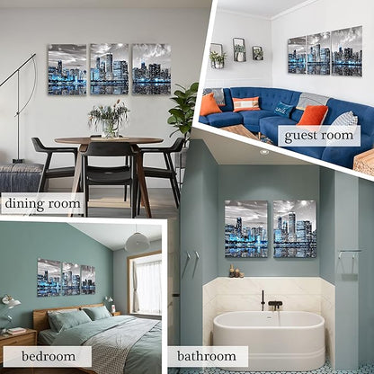 SERIMINO Wall Decor Living Room Modern City Chicago Skyline Large Canvas Wall Art for Bedroom Poster for Office Farmhouse 3 Pieces Set Wood Framed Night Scene Prints Paintings for Home 20"X28"