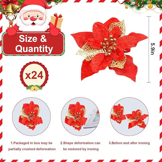 24 Pcs Christmas Poinsettia Flowers Artificial with Clips, 5.9" Christmas Decor Glitter Poinsettia Flowers for Christmas Tree New Year Wedding Party Wreath DIY Garland Decor (Red)