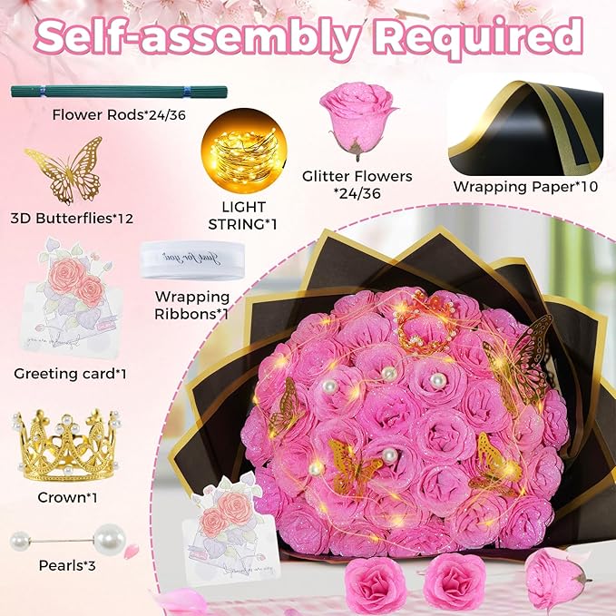 Pink Glitter Roses Bouquet, 36 Pcs Shiny Glitter Flowers Bouquet, Everlasting DIY Artificial Roses Bouquet for Christmas, Birthday, Anniversary, Wedding, Engagement