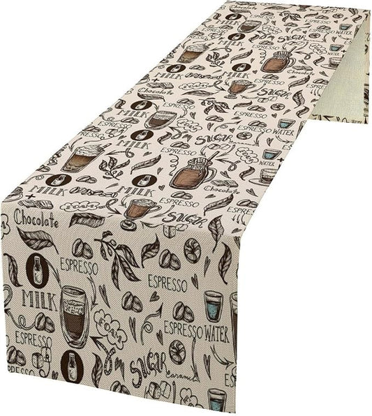 Coffee Theme Table Runner Coffee Time Espresso Seasonal Dinner Runner for Retro Farmhouse Kitchen Dining Coffee Table Decoration Cabin Home Holiday Party 13x60in