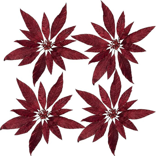 Artificial Flowers 12‘’ Christmas Decoration 4 Pcs Lifeslike Floral Arrangements for Holiday Home Decor Vibrant Colorful Faux Flowers Perfect for Festive Celebrations and Seasonal Decor(Red-1)