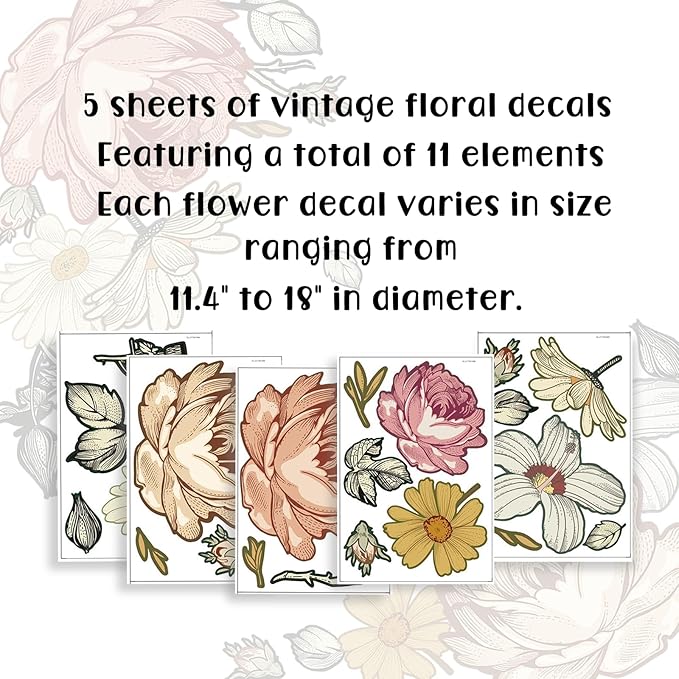 Vintage Peony Flower Wall Sticker,Large Retro Floral Wall Decal with Roses,Daisies and Wildflowers for Bedroom,Living Room,Nursery or Entryway,iinuu Romantic Cottagecore Decor