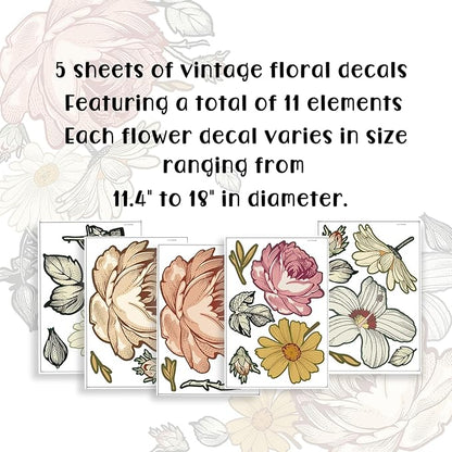 Vintage Peony Flower Wall Sticker,Large Retro Floral Wall Decal with Roses,Daisies and Wildflowers for Bedroom,Living Room,Nursery or Entryway,iinuu Romantic Cottagecore Decor