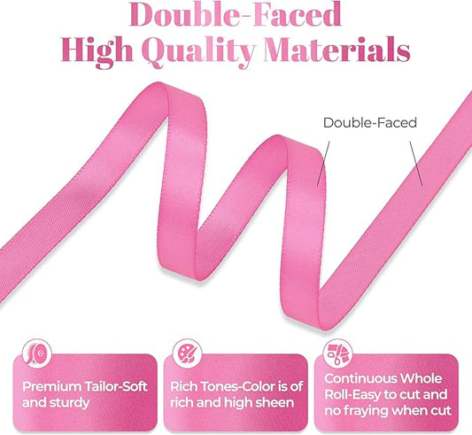 Hot Pink Satin Ribbon, Double Faced 3/8 Inch X 25 Yards Hot Pink Ribbon, Premium Satin Ribbon for Gift Wrapping, Crafts, Hair Bow Making, Sewing, Flower Bouquet, Wedding Party Decor