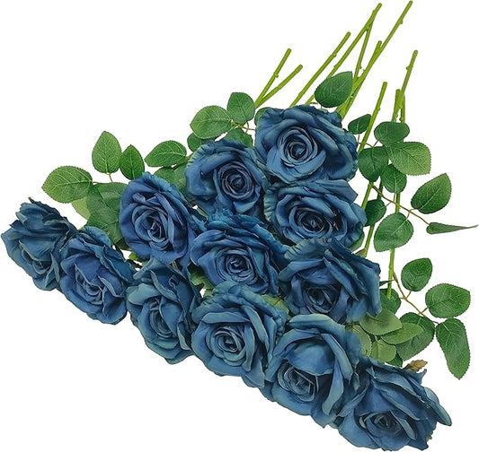 ATFL Grayish Blue Plastic Roses Bouquet,Realistic Gray Blue Flowers Artificial for Vase,12 Pcs Artificial Long Stem Fake Faux Silk Floral Roses for Decorations