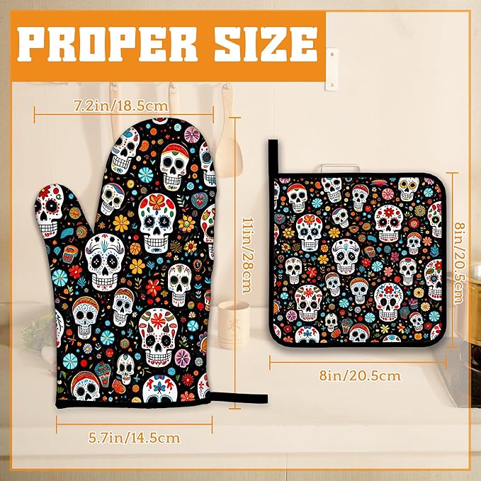 Day of The Dead Skull Mexican Oven Mitts and Pot Holders Set,Flower Kitchen Decor Heat Resistant Non Slip Hot Pads and Oven Mitt for Chef Cooking Baking BBQ Mom Girl Gifts(4 Piece Set)